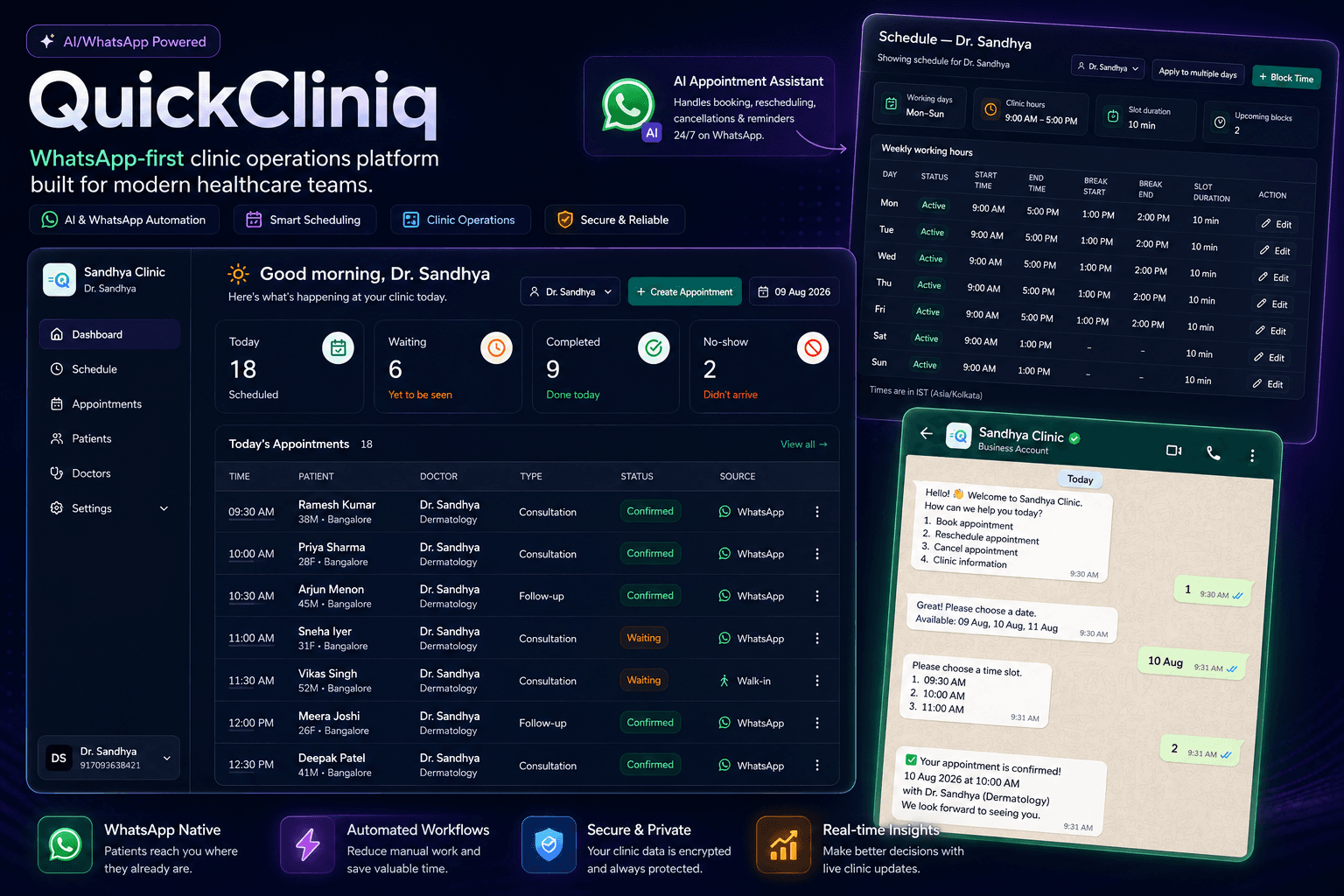 QuickCliniq dashboard and WhatsApp interface showing clinic operations workflow.